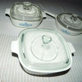 4 BLUE CORNFLOWER CORNING WARE CASSEROLE DISHES WITH LIDS,  7IN.  SKILLET LOOK 6