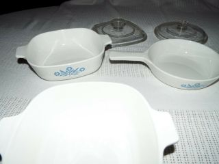 4 BLUE CORNFLOWER CORNING WARE CASSEROLE DISHES WITH LIDS,  7IN.  SKILLET LOOK 8