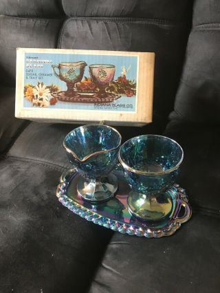 Vintage Indiana Glass Blue Carnival Grape Harvest Footed Creamer Sugar Set W/box