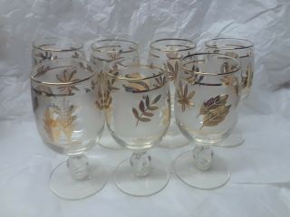 Set Of 7 Vintage Libbey Mcm Frosted Gold Leaf Wine Glasses Water Goblets Rare