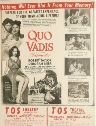 1950s Claxton,  Reidsville,  Ga Theatre Flyer - Robert Taylor Epic - Quo Vadis