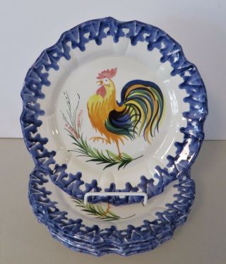 Pottery Plates,  Set Of 4,  Handpainted,  Made In Italy,  Rooster Center W Navy Trim