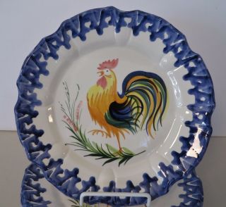 POTTERY PLATES,  Set of 4,  HANDPAINTED,  Made in ITALY,  Rooster Center w Navy Trim 2