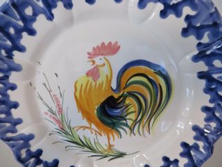 POTTERY PLATES,  Set of 4,  HANDPAINTED,  Made in ITALY,  Rooster Center w Navy Trim 6