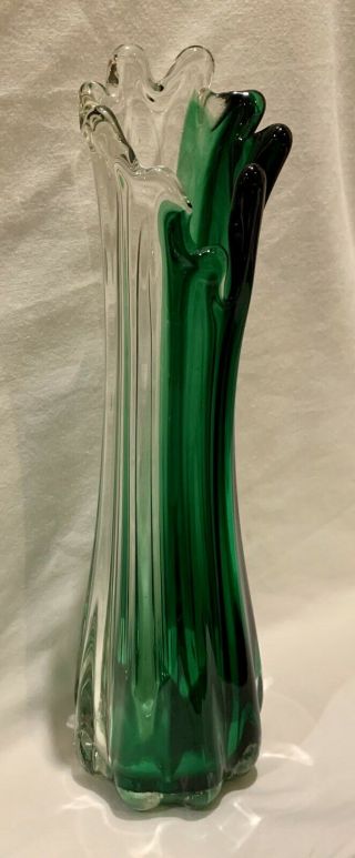 Vintage Murano Large Pulled Finger Vase Clear And Emerald Green 29.  5 Cm