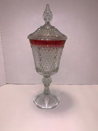 Vintage Indiana Glass Diamond Point Pedestal Candy Dish With Lid 16”