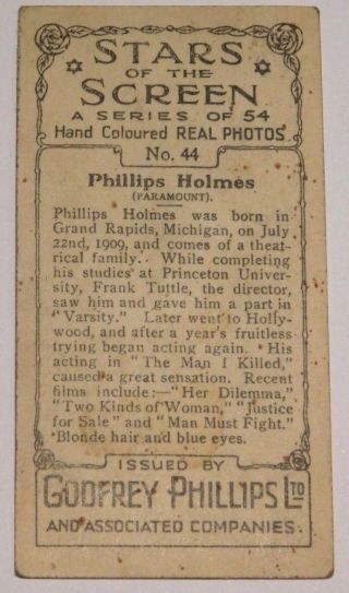 PHILLIPS HOLMES Paramount Pictures Film Star Rare 1934 UK Cigarette Tobacco Card 3