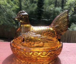 Vintage Amber Indiana Goass Amber Gold Hen Chicken On Nest Candy Dish 5 1/2 Tall