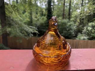 Vintage Amber Indiana Goass Amber Gold Hen Chicken On Nest Candy Dish 5 1/2 Tall 2