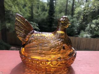Vintage Amber Indiana Goass Amber Gold Hen Chicken On Nest Candy Dish 5 1/2 Tall 3