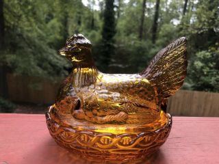 Vintage Amber Indiana Goass Amber Gold Hen Chicken On Nest Candy Dish 5 1/2 Tall 4