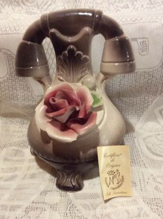 Capodimonte Italy Flower Basket Porcelain Phone Figurine Centerpiece Roses Vtg