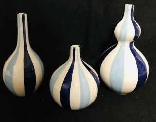 Jonathan Adler Happy Home Blue White Stripes 3 Piece Vase 2003 Pottery Round