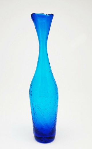 Vintage Blenko Hand Blown Turquoise Crackle Glass Vase 64b