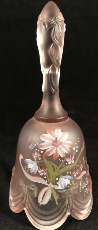 Vtg Fenton Pink Glass Hand Painted Flowers 1990 Easter Bell Signed