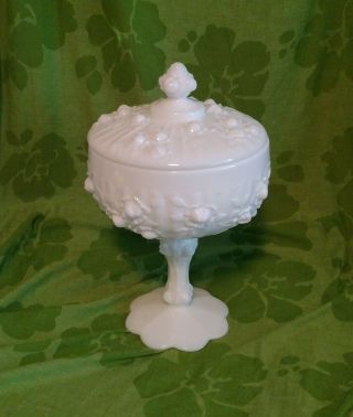 Fenton Cabbage Rose White Milk Glass Pedestal Lidded Compote 9 " Perfect