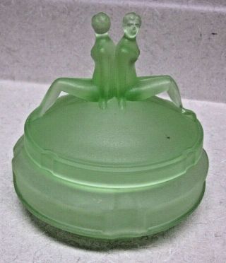 Vintage L.  E.  Smith Green Art Deco Satin Glass " Twins " Powder Jar Euc