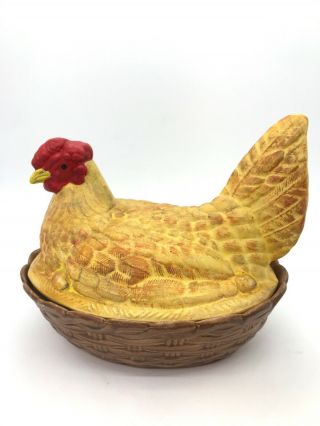 Antique Bisque Hen On Nest Chicken Hand Painted 7” Inches