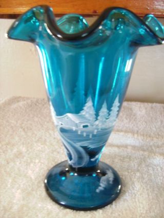 Fenton Glass Artist Signed Blue Vase