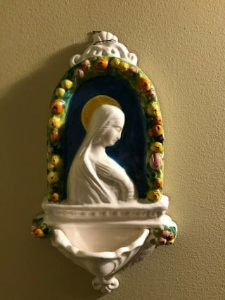 Della Robbia Blessed Mary With Floral Pattern Holy Water Font - 10 Inches Tall