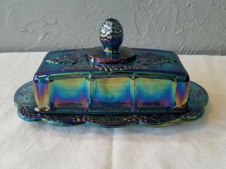 Retro Indiana Glass Colony Harvest Blue Carnival Glass Butter Dish And Cover