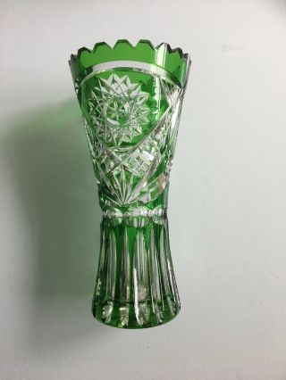 Vintage Crystal Emerald Green Cut To Clear Vase Germany 7” Tall