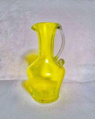 Vintage Blenko Art Glass Small Yellow Hand Blown Pitcher Vase W/ Adhered Handle