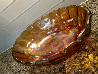 Vintage Oval Indiana Carnival Glass Footed Fruit Harvest Amber Centerpiece Bowl