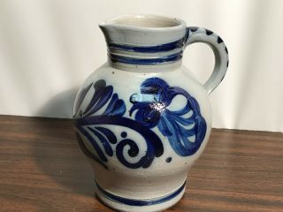 Vintage Salt Glaze Pottery Stoneware Pitcher Cobalt Blue And Gray