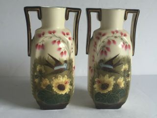 Pair Antique Hand Painted German Porcelain Bluebird And Flowers 2 Handle Vases