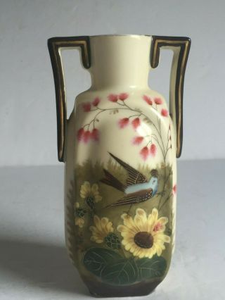 Pair Antique Hand Painted GERMAN Porcelain Bluebird and Flowers 2 Handle Vases 3