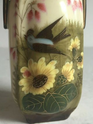 Pair Antique Hand Painted GERMAN Porcelain Bluebird and Flowers 2 Handle Vases 5