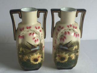 Pair Antique Hand Painted GERMAN Porcelain Bluebird and Flowers 2 Handle Vases 6
