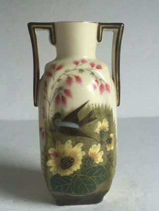 Pair Antique Hand Painted GERMAN Porcelain Bluebird and Flowers 2 Handle Vases 7