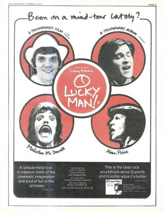 (rst24) Poster/advert 14x11 " Malcolm Mcdowell,  Alan Price : O Lucky Man