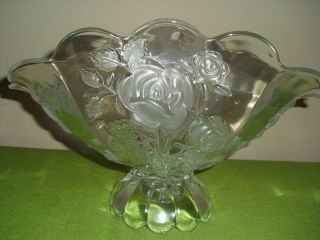 Optic Glass Footed Boat / Bowl With Frosted Roses