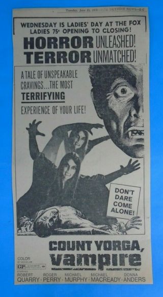 1970 Count Yorga Vampire Robert Quarry Detroit Newspaper Movie Ad Clipping