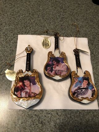A Set Of 3 Elvis Guitar Ornaments “the Legend”,  On Stage In Witchita”,  “aloha”