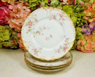 4 Antique Haviland Limoges Porcelain Salad Plates Pink Roses Double Gold