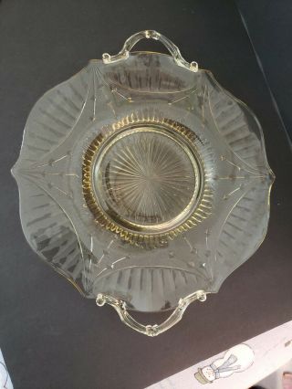 Vintage Lancaster Yellow Depression Glass Handled Cake Plate 1930s Dart Pattern