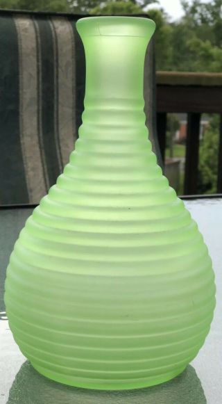 Vintage Hocking Uranium Glass Frosted Green Frigidaire Water Bottle C.  1930 Vase