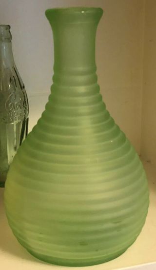 Vintage Hocking Uranium Glass Frosted Green Frigidaire Water Bottle c.  1930 Vase 2