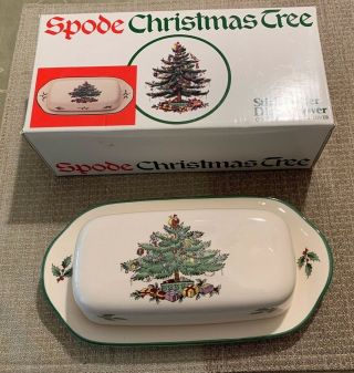 Spode England Christmas Tree Pattern Stick Butter Dish & Cover.  -