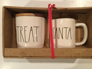 Rae Dunn Christmas Ll " Treat " Canister W/ Wood Lid & " Santa " Mug Set Cellar