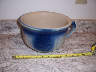 Antique Blue & White Stoneware Chamber Pot Spongeware Pottery Thunder Mug Roses