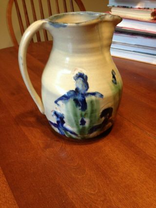 Fabulous Vintage Signed Janet Resnik Studio Art Pottery Iris Pitcher