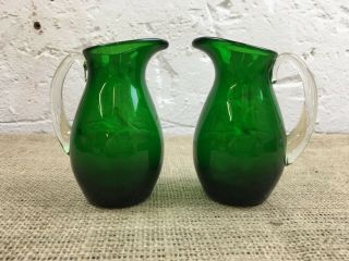 Pair Vintage Murano Italian Art Glass Green Jugs