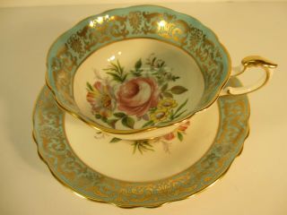 Vintage Paragon Tea Cup Saucer - H.  M.  The Queen - Green/gold W/rose
