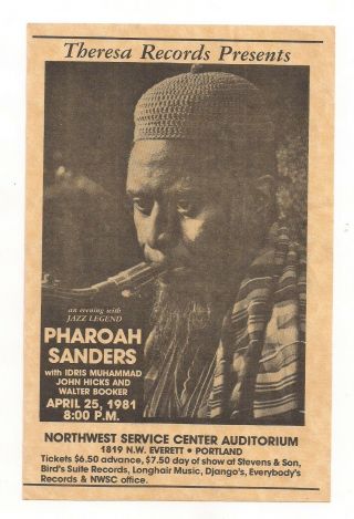 Pharoah Sanders Orig Jazz Concert Handbill Flyer 1981 Portland Or.  John Hicks