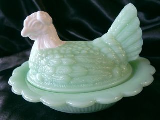 Jadeite Green Milk Glass Hen On Nest W White Head - Candy Bowl & Jewelry Holder